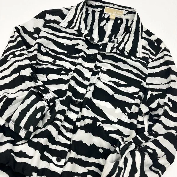 Michael Kors Animal Print Zebra White Black Roll Tab Sleeve Short Romper Women L - Picture 2 of 5